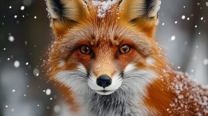 Obraz premium Red fox in the snowy forest, piercing amber eyes, fluffy winter fur, generative ai