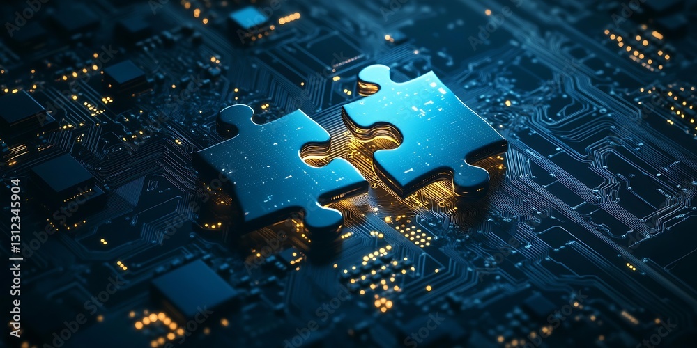 Poster Two illuminated puzzle pieces resting on a sophisticated circuit board emphasizing connection in technology : Generative AI