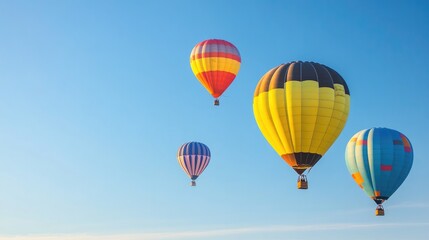 cluster of brightly colored hot air balloons gently ascends against clear blue sky creating tapestry of vibrant hues