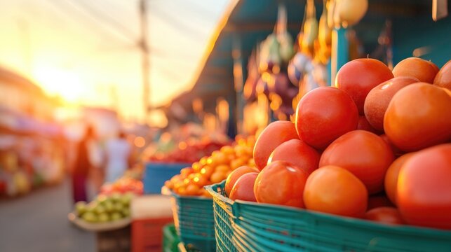close-up shot of vibrant bustling outdoor market stalls in emerging economy brimming with fresh produce and traditional