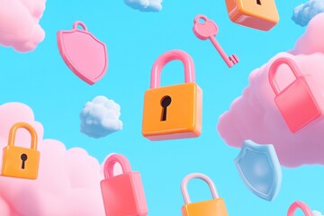 Obraz premium colorful digital collage features variety of cartoon padlocks keys and shields floating in cheerful cloud-filled sky