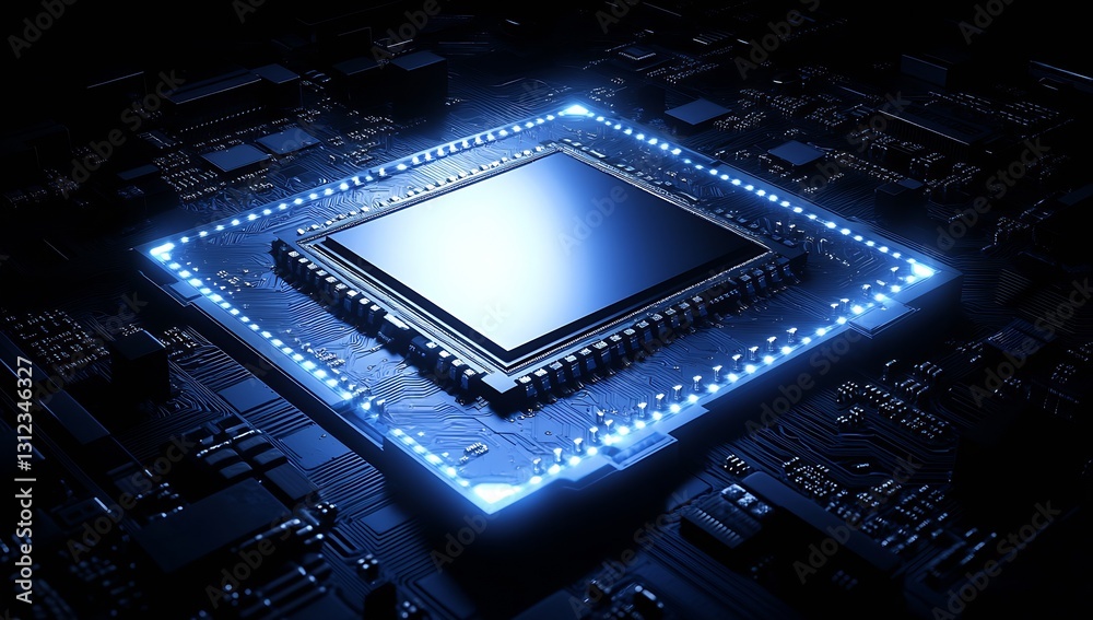 Poster Futuristic microchip glowing on a high-tech circuit board in dim light highlighting advanced technology : Generative AI