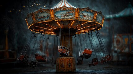 Fototapeta premium Vintage carousel at night, dark, moody atmosphere, empty seats.