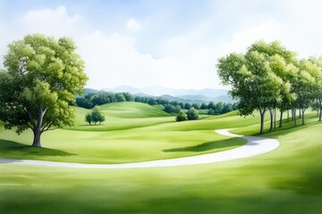 Fototapeta premium Serene landscape featuring rolling hills and a winding path through greenery