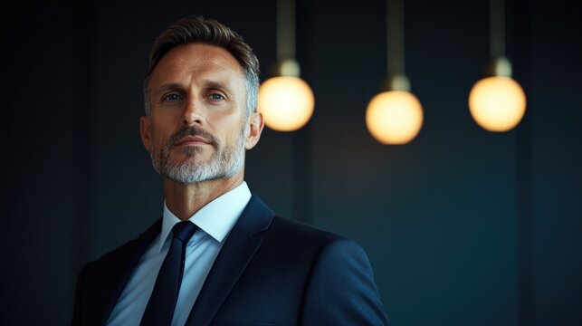 confident lawyer in suit stands against modern office backdrop copy space for legal services text is allocated this