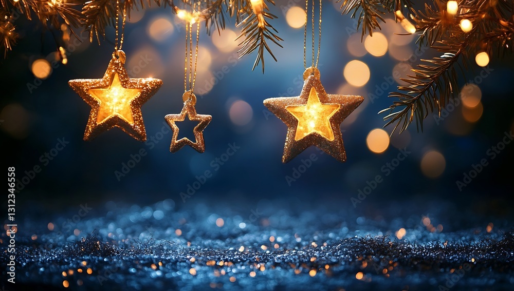 Poster glistening golden star ornaments hanging from a christmas tree with warm glowing lights in the backg