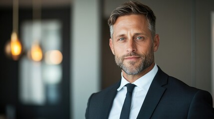 Fototapeta premium confident lawyer in suit stands against modern office backdrop copy space for legal services text is allocated this
