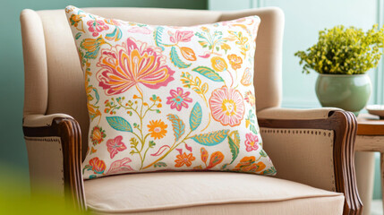 Decorative floral pillow on cozy armchair, adding vibrant touch to room decor. colorful design enhances inviting atmosphere of space
