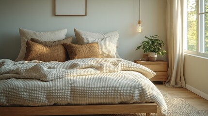 A cozy modern bedroom decorated with soft bedding and pillows