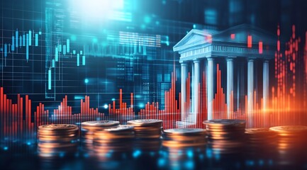 Futuristic banking visual showcasing stacks of coins and financial data analytics : Generative AI