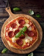 Carefully prepared real Italian pizza, fresh mint leaves, shot from above 