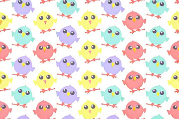 Fototapeta premium Pastel colored cute birds repeating pattern on white background.
