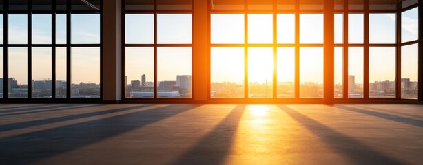 Sunlit urban skyline through large windows in modern empty room.