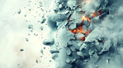 Gray Stone Face Crumbling into Fire and Fragments