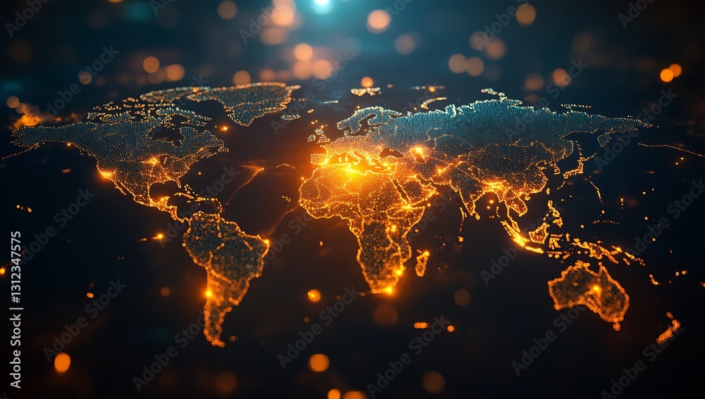 Poster Brilliantly Illuminated World Map with Intense Orange Aspects and Network Connections Representing Global Data : Generative AI