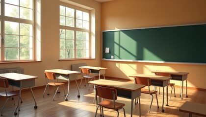 Fototapeta premium Empty school classroom with desks, chairs. Sunlight through windows on interior. Empty class interior with furniture, blackboard, wooden floor in warm colors. Back to school concept for education