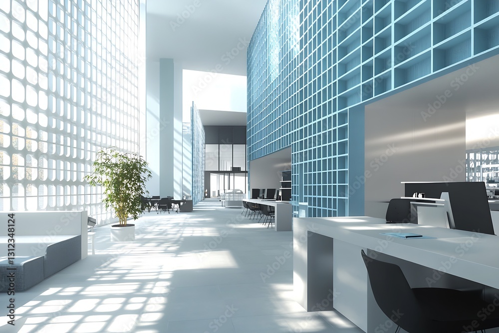 Poster modern and spacious interior of an office showcasing bright design with large windows and sleek furn