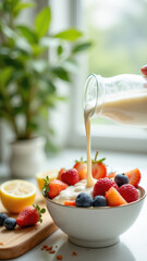 Milk being poured over a bowl of yogurt with strawberries and blueberries on top.