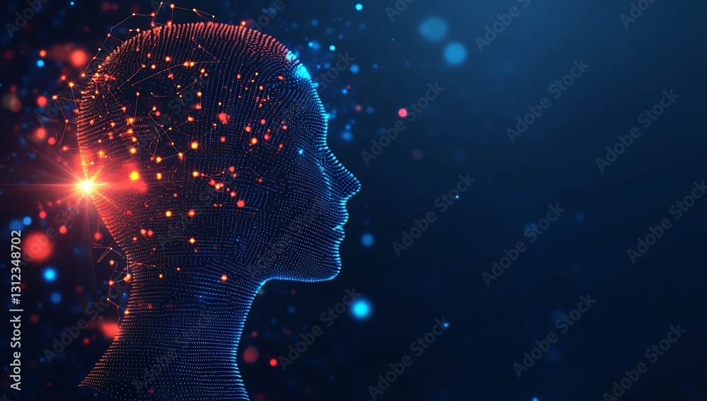 Poster stylized human silhouette filled with vibrant glowing particles showcasing artificial intelligence c