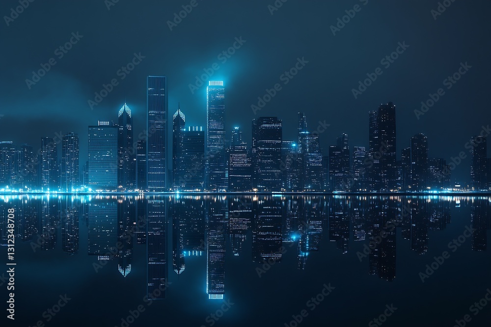 Poster stunning night skyline of a modern city illuminated in blue hues reflecting on calm waters below cre