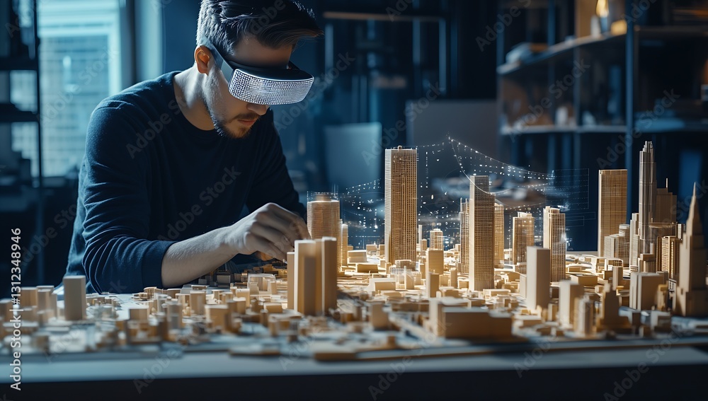 Poster Focused engineer creating a detailed cityscape model using augmented reality technology : Generative AI