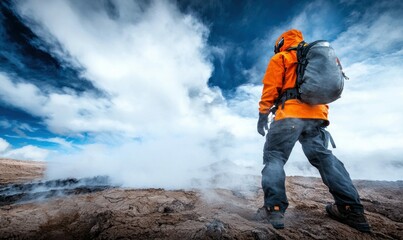 Adventurer in Orange Gear Exploring a Volcanic Landscape