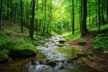 Fototapeta premium Tranquil Forest Stream Flowing Through Lush Green Woodland Landscape