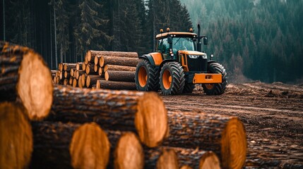 Heavy Logging Tractor Moving Cut Logs in Forest Clearing