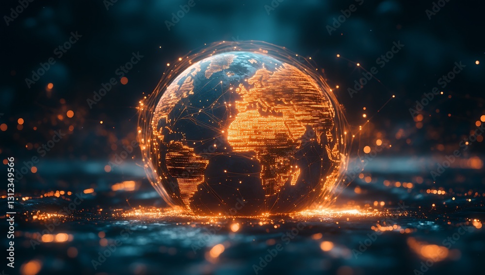 Poster Captivating visualization of a bright world globe surrounded by energetic data lines and modern technology themes : Generative AI