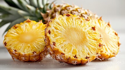 Freshly Sliced Pineapple on a Light Background with Green Leaves and Juicy Yellow Interior