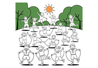 Children Dancing in the Park - Fun Outdoor Activity Vector Art - Kids Playing and Enjoying Sunshine