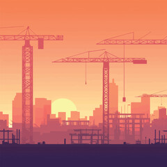 A flat 2D vector of an active construction site with cranes and scaffolding.