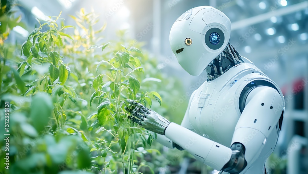 Poster sophisticated humanoid robot examining plants in a sustainable greenhouse setup : generative ai