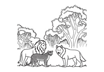 Lion, Cheetah, Wolf Vector Wildlife Scene Illustration EPS  Get this line art vector of a lion, cheetah, and wolf in a natural habitat. Perfect for wildlife-themed designs and illustrations. EPS