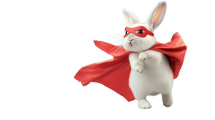 White rabbit superhero wearing red cape and mask flying on transparent background