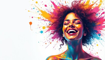 Obraz premium Illustration happy woman head in paint splatter style. Conceptual idea of mental health, mindfulness, self care. Colorful design for banner poster on white background. Positive emotion, joy.