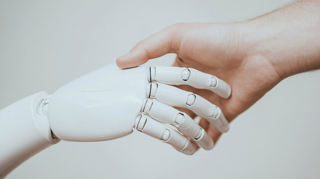 human hand reaching out to robotic hand, symbolizing connection and technology. scene conveys sense of collaboration between humans and machines