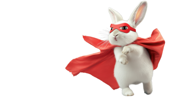 White rabbit superhero wearing red cape and mask flying on transparent background