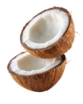 Split coconut with juicy pulp exposed in the air on transparent background