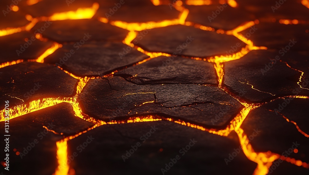 Poster Mesmerizing view of glowing gaps in volcanic rock showcasing a striking cracking pattern and fiery hues : Generative AI