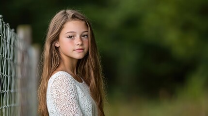 Naklejka premium Portrait of a Young Woman with Long Brown Hair in a White Lace Shirt Outdoors