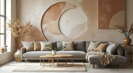 light grey sectional sofa with neutral pillows and a beige throw in a calm living room setting