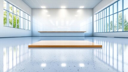 Fototapeta premium Modern Minimalist Interior Design: A Wooden Platform in a Bright, Spacious Room