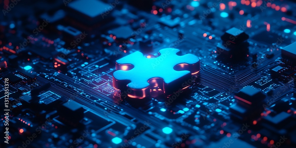 Poster Vibrant blue puzzle piece standing out on a high-tech circuit board symbolizing integration and digital problem solving : Generative AI
