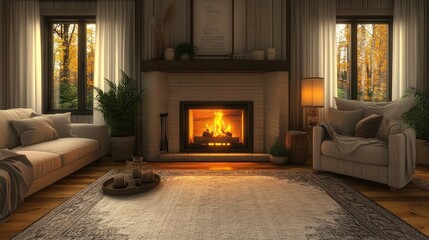 A cozy living room with a lit fireplace and autumn views