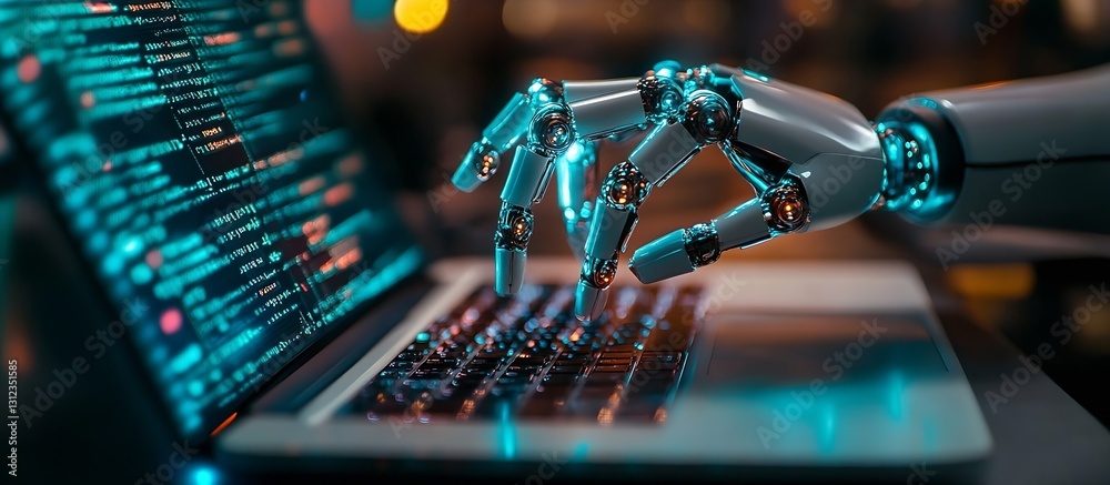 Poster detailed shot of a robotic hand typing on a laptop illuminated by bright lights and blurred backgrou