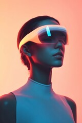 Futuristic Female Model Showcasing Neon Sunglasses and Vivid Lighting in Stylish Fashion Portrait