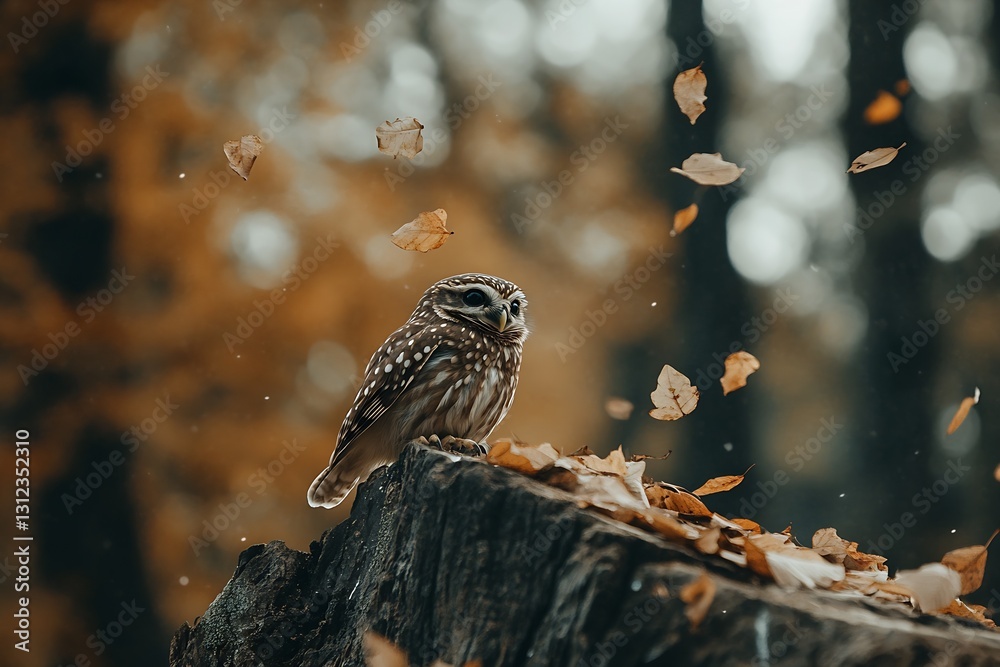 Poster Majestic owl calmly observing its surroundings while an array of autumn leaves flutters in the air : Generative AI