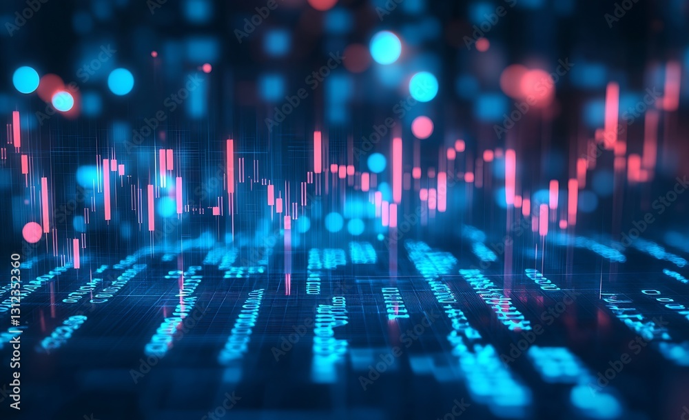 Poster futuristic finance background featuring colorful glowing data points and stock market trends in vivi