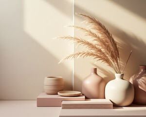 neutral-toned ceramic vases and pampas grass in a minimalist arrangement